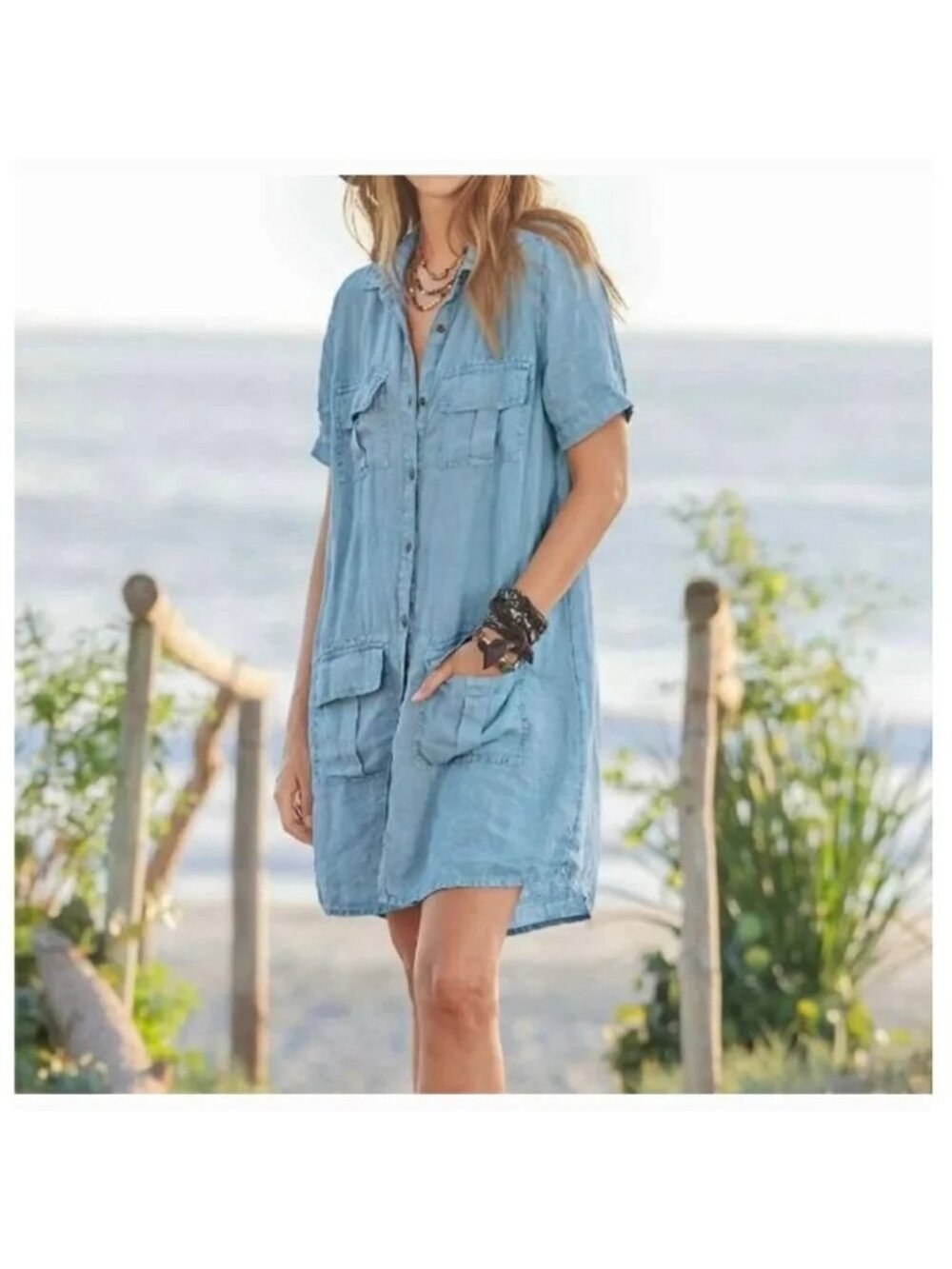 Sundance Harper Linen Shirt Dress Chambray Blue SMALL Beachy Boho Resort Vacay